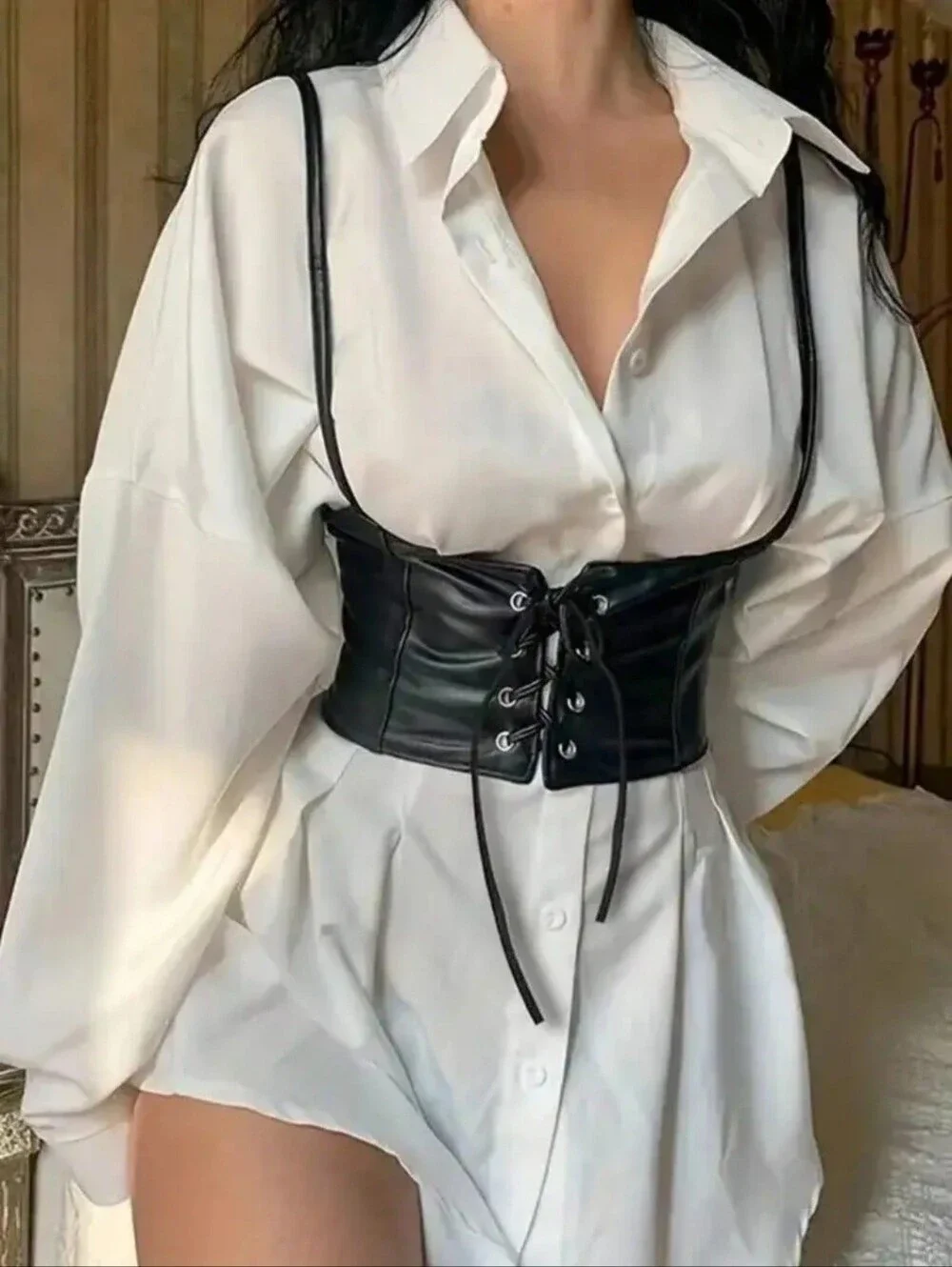 Black Lace Up Corset Style Faux Leather Belt Waist Cincher One Size